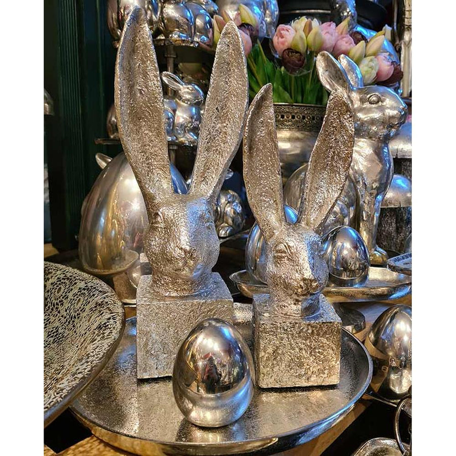 Glamour stílusú, 36 cm magas, ezüst színű húsvéti nyuszifej dísz