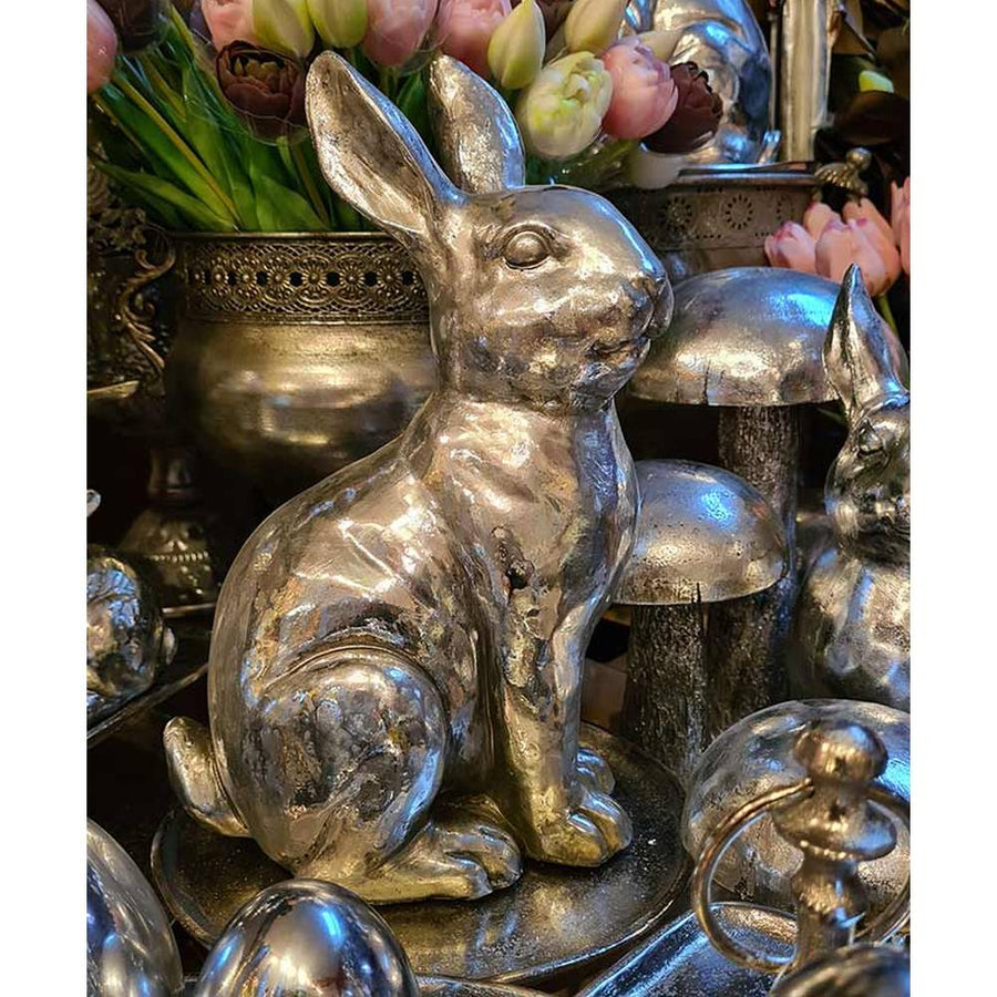 Nagyméretű, 35 cm magas, glamour stílusú, ezüst színű húsvéti nyuszi figura