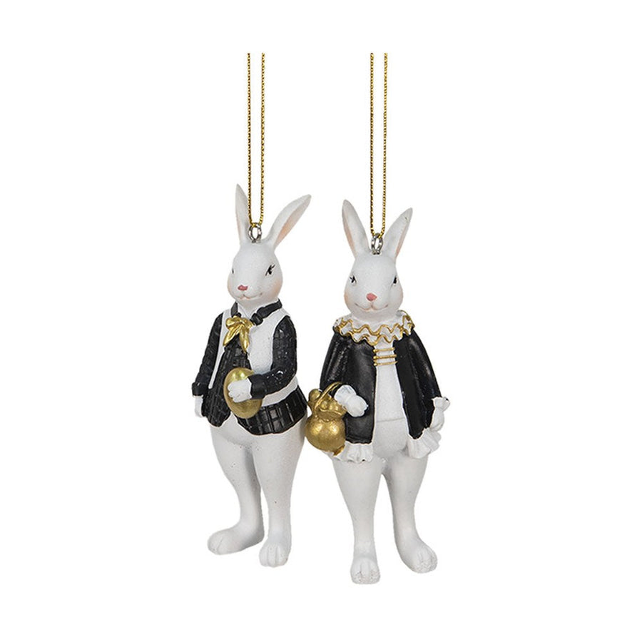 Fub Funky stílusú,, fekete és aranyszínű ruhájú, függeszthető kialakítású nyuszi pár.