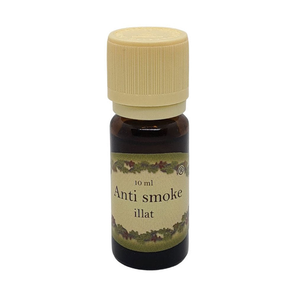 Anti Smoke illatú illóolaj 10 ml barna üvegcsében, bézs kupakkal – füstszag-semlegesítő, frissítő aromaterápiás olaj.