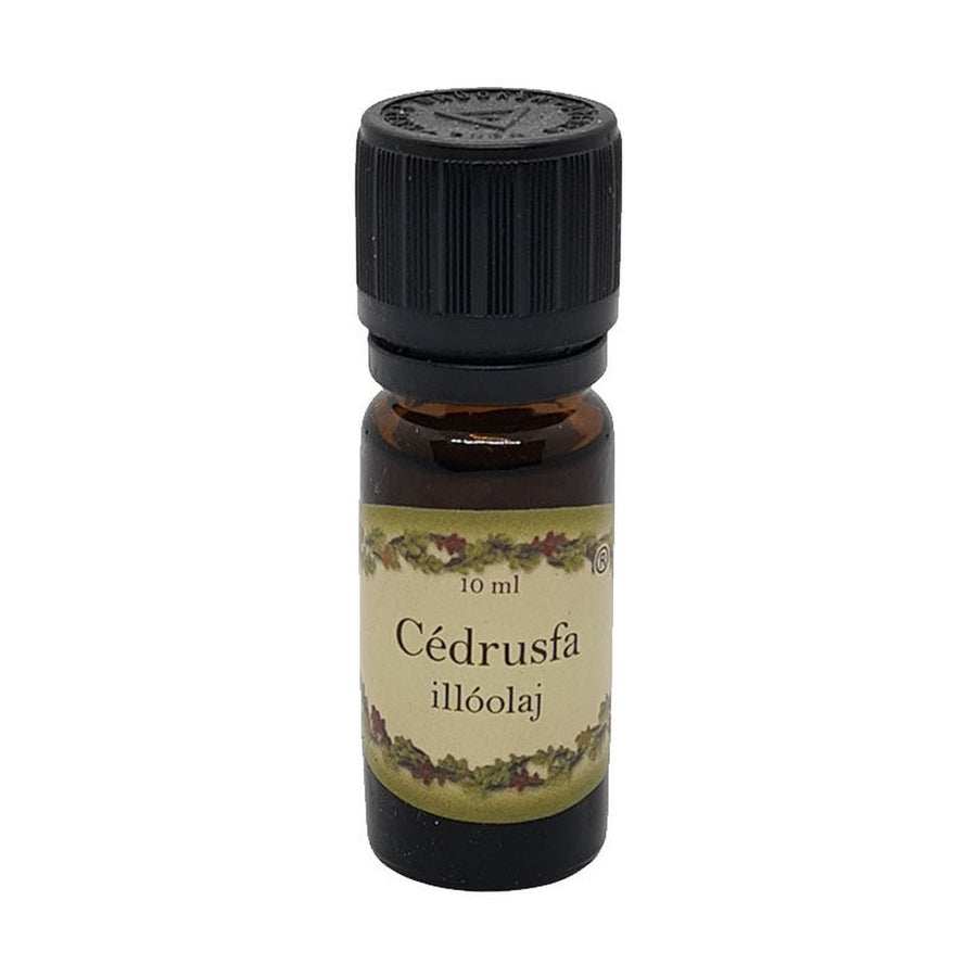 Cédrusfa illatú illóolaj 10 ml barna üvegcsében, fekete kupakkal – fás, meleg, mélyen nyugtató aromaterápiás olaj.