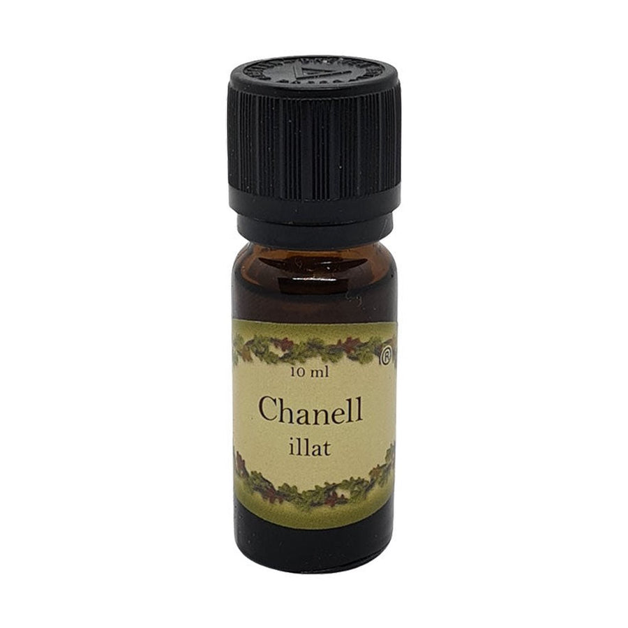 Chanell illatú illóolaj 10 ml barna üvegcsében, fekete kupakkal – virágos, elegáns, nőies aromaterápiás olaj.