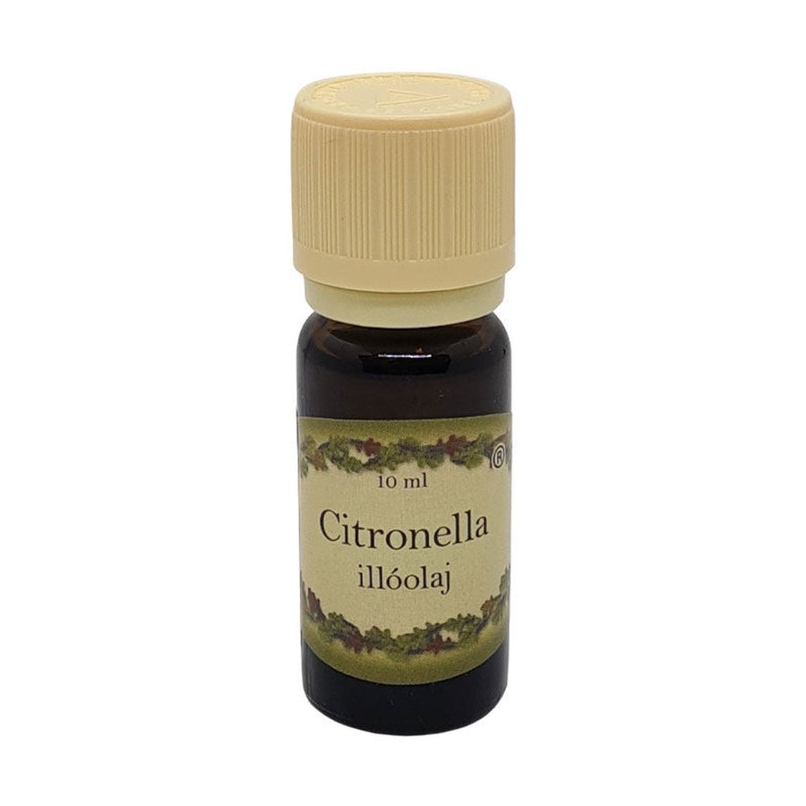 Citronella illatú illóolaj 10 ml barna üvegcsében, bézs kupakkal – friss, citrusos, rovarriasztó aromaterápiás olaj.