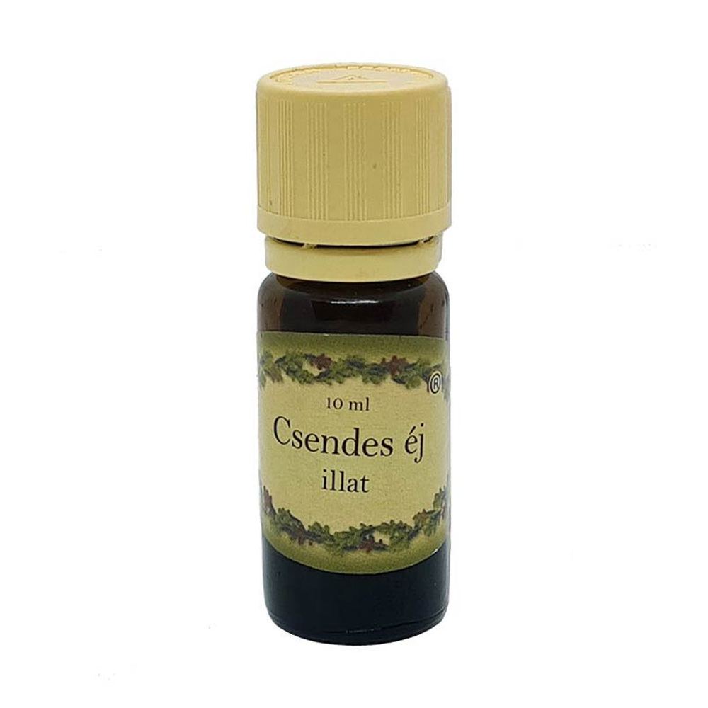 Csendes éj illatú illóolaj 10 ml-es barna üvegben, krémszínű kupakkal – fahéjas-narancsos, meghitt ünnepi aroma párologtatáshoz.