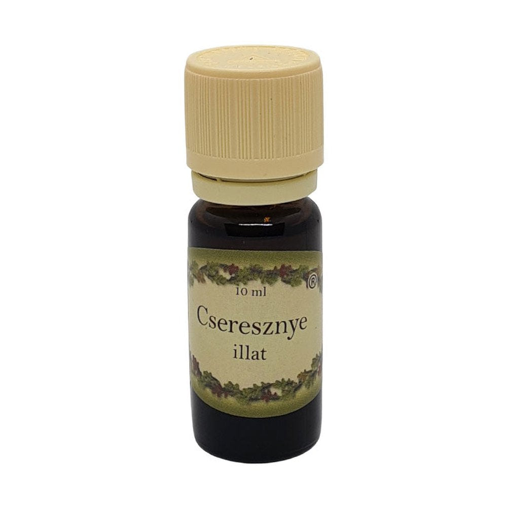 Cseresznye illóolaj 10 ml-es barna üvegcsében, krémszínű kupakkal, nyárias, édes-gyümölcsös illattal, párologtatásra.