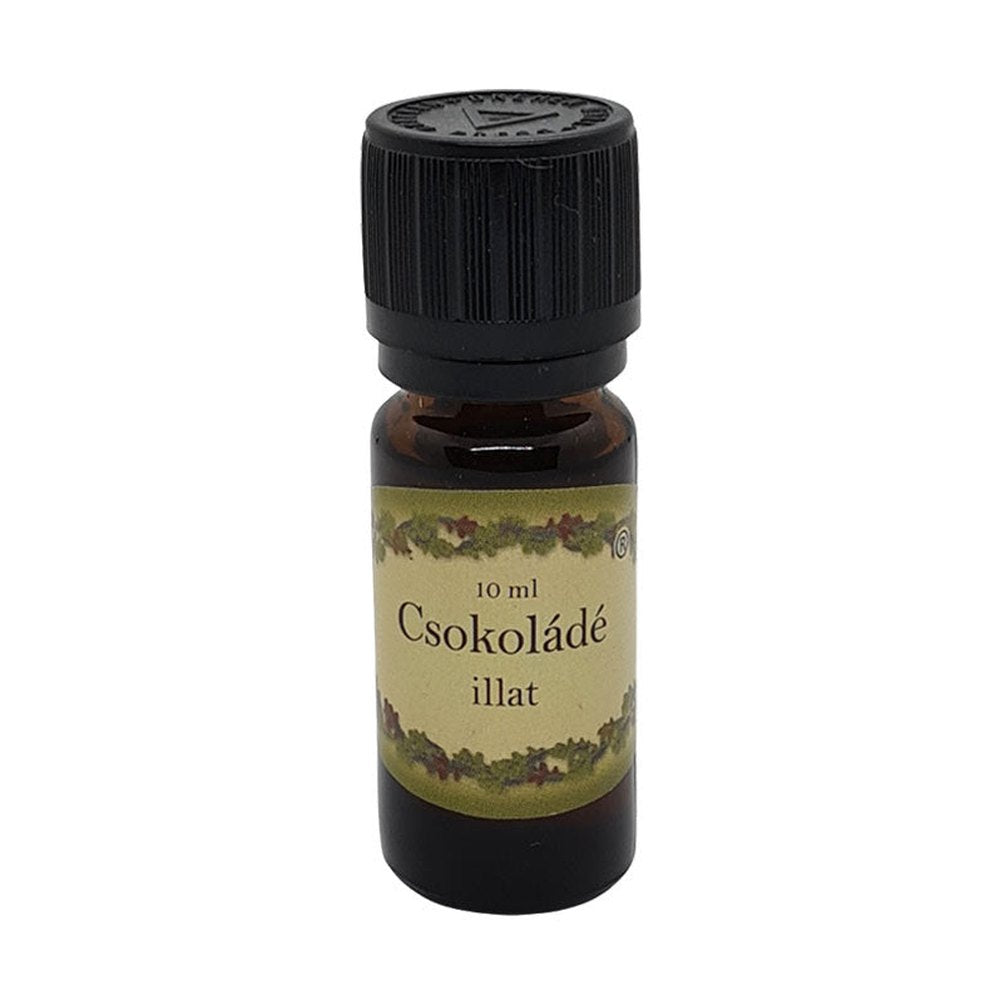 Csokoládé illatú illóolaj 10 ml-es barna üvegcsében, fekete kupakkal, telt, édes aromával, párologtatáshoz ajánlva.