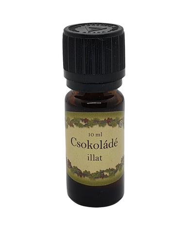 Csokoládé illatú illóolaj 10 ml-es barna üvegcsében, fekete kupakkal, telt, édes aromával, párologtatáshoz ajánlva.