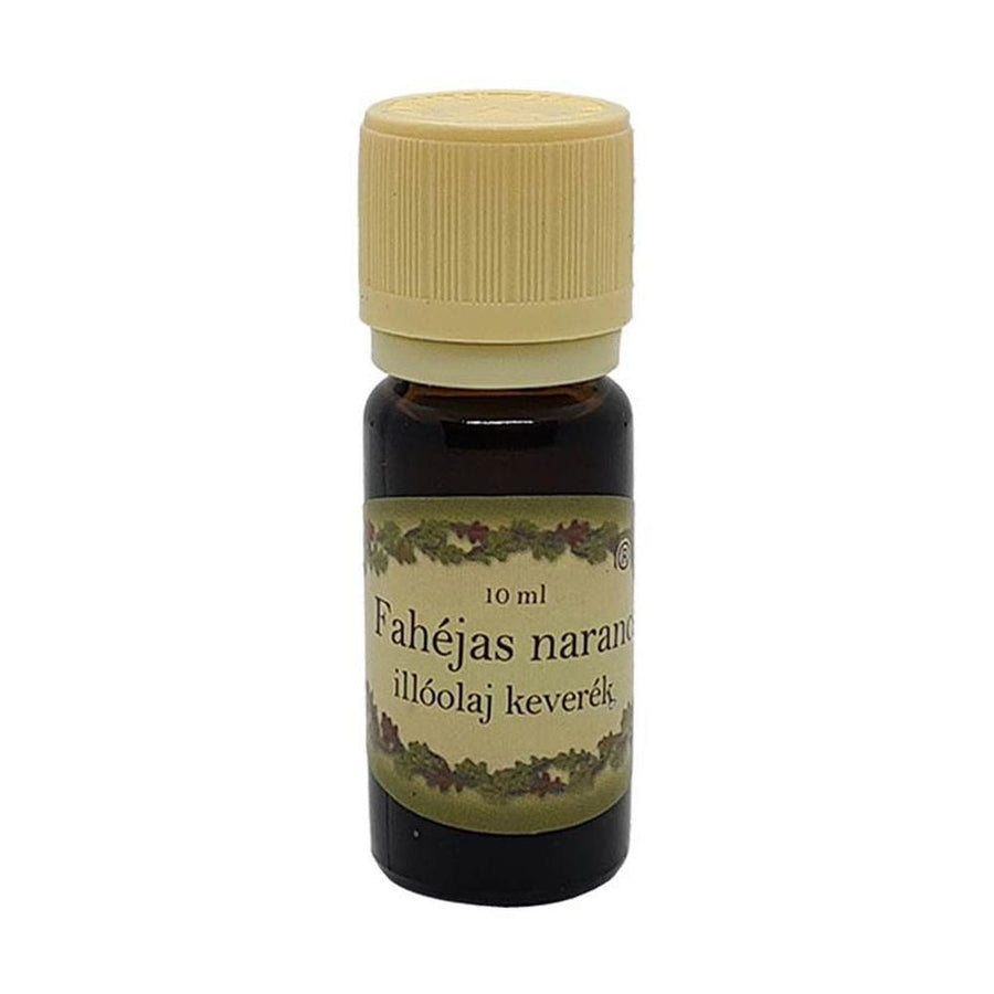 Fahéjas narancs illóolaj 10 ml-es barna üvegcsében, krémszínű kupakkal, meleg és ünnepi illattal, párologtatásra.