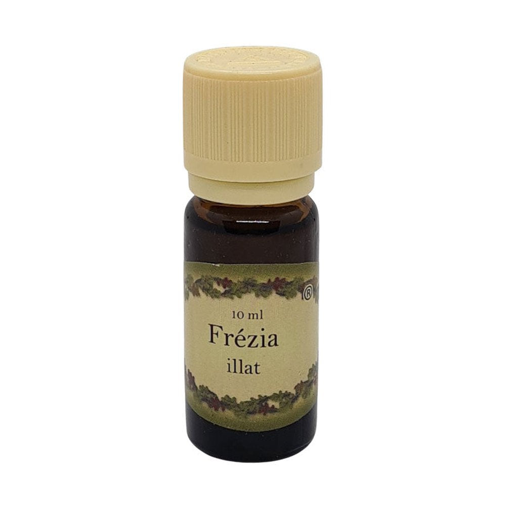 Frézia illatú illóolaj 10 ml-es üvegcsében, bézs kupakkal – friss, virágos illat párologtatáshoz.