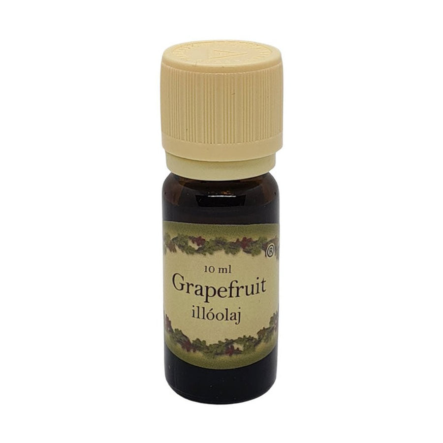 Grapefruit illatú illóolaj 10 ml barna üvegcsében, bézs kupakkal – citrusos, frissítő, élénkítő aromaterápiás olaj.