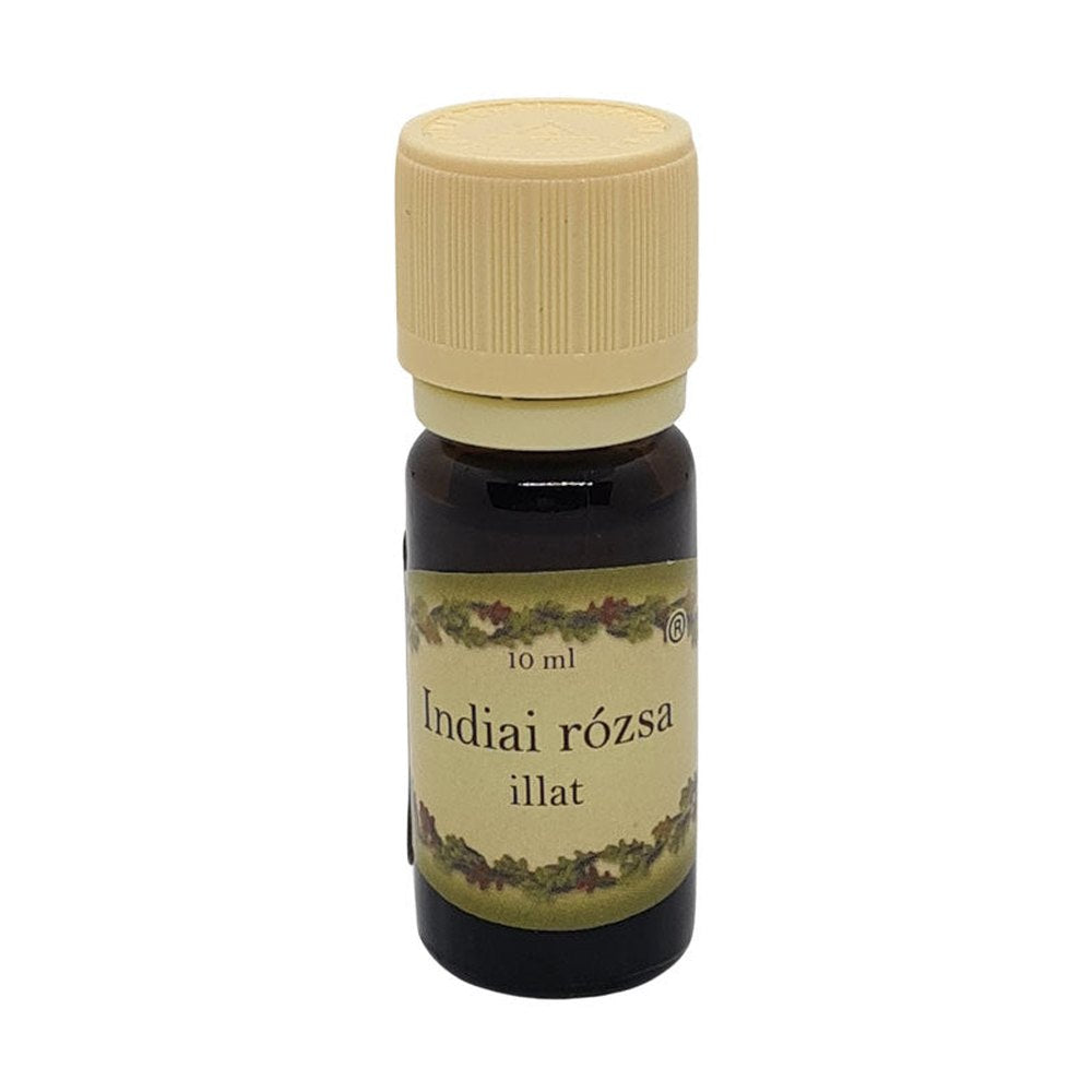 Indiai rózsa illóolaj 10 ml-es barna üvegcsében, bézs kupakkal, egzotikus, mély rózsaillat párologtatásra.
