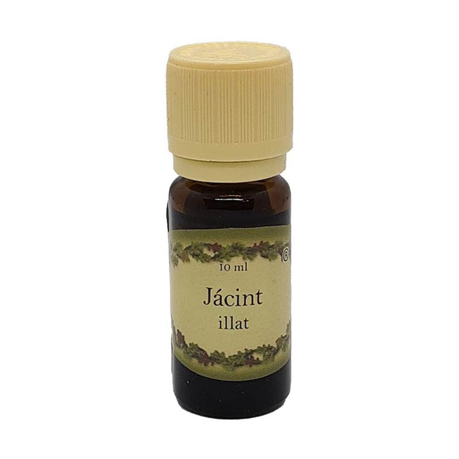 Jácint illatú illóolaj 10 ml-es barna üvegcsében, világos kupakkal, virágos és nyugtató aromával, párologtatáshoz.