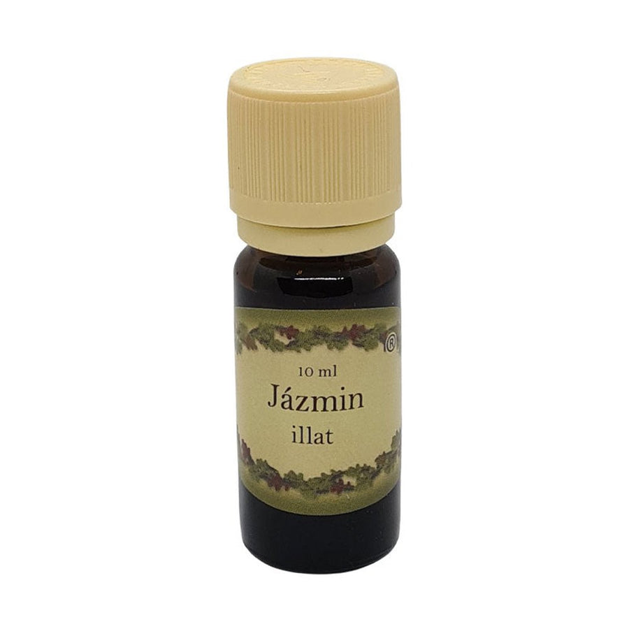 Jázmin illatú illóolaj 10 ml barna üvegcsében, bézs kupakkal – édes, egzotikus, relaxáló aromaterápiás olaj.