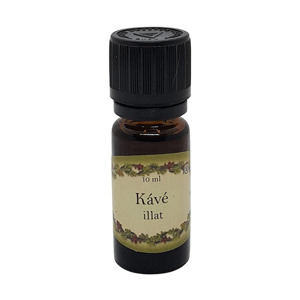 Kávé illatú illóolaj 10 ml-es barna üvegcsében, fekete kupakkal – gazdag, pörkölt kávéaromával, párologtatásra.