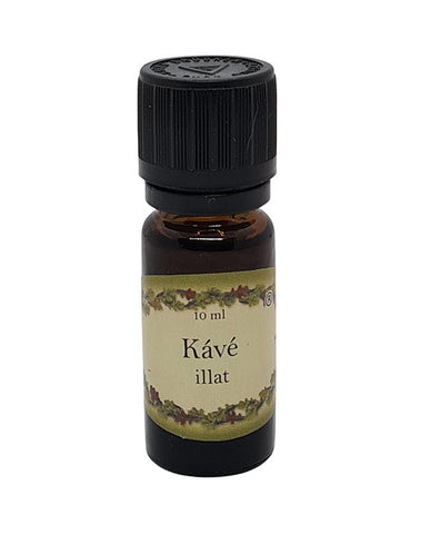 Kávé illatú illóolaj 10 ml-es barna üvegcsében, fekete kupakkal – gazdag, pörkölt kávéaromával, párologtatásra.