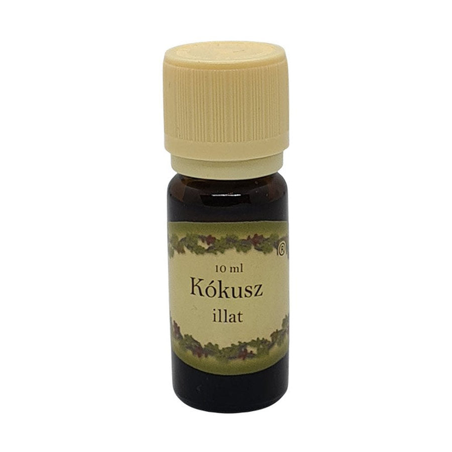 Kókusz illatú illóolaj 10 ml-es barna üvegben, krémszínű kupakkal, egzotikus, édes aromával, párologtatáshoz ajánlott.