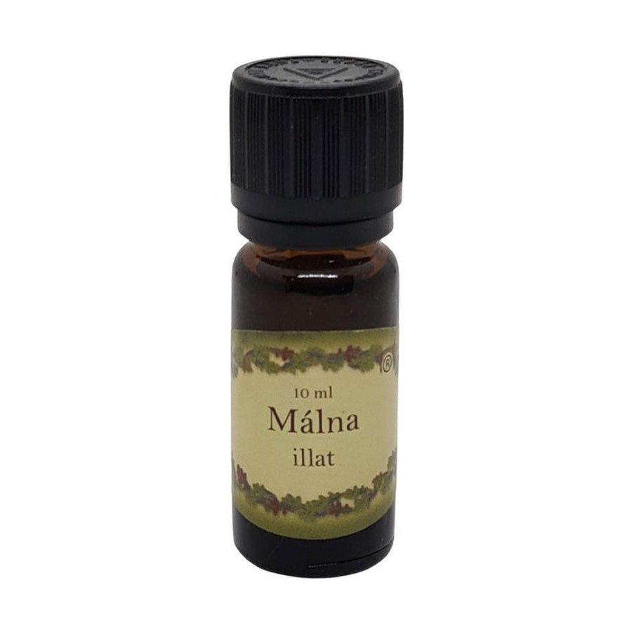 Málna illóolaj 10 ml-es barna üvegcsében, világos kupakkal, friss és édes gyümölcsös illattal, párologtatáshoz.