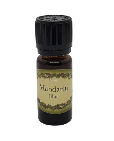 Mandarin illatú illóolaj 10 ml-es barna üvegben, fekete kupakkal, édes és friss citrusaromával, párologtatóhoz ajánlva.