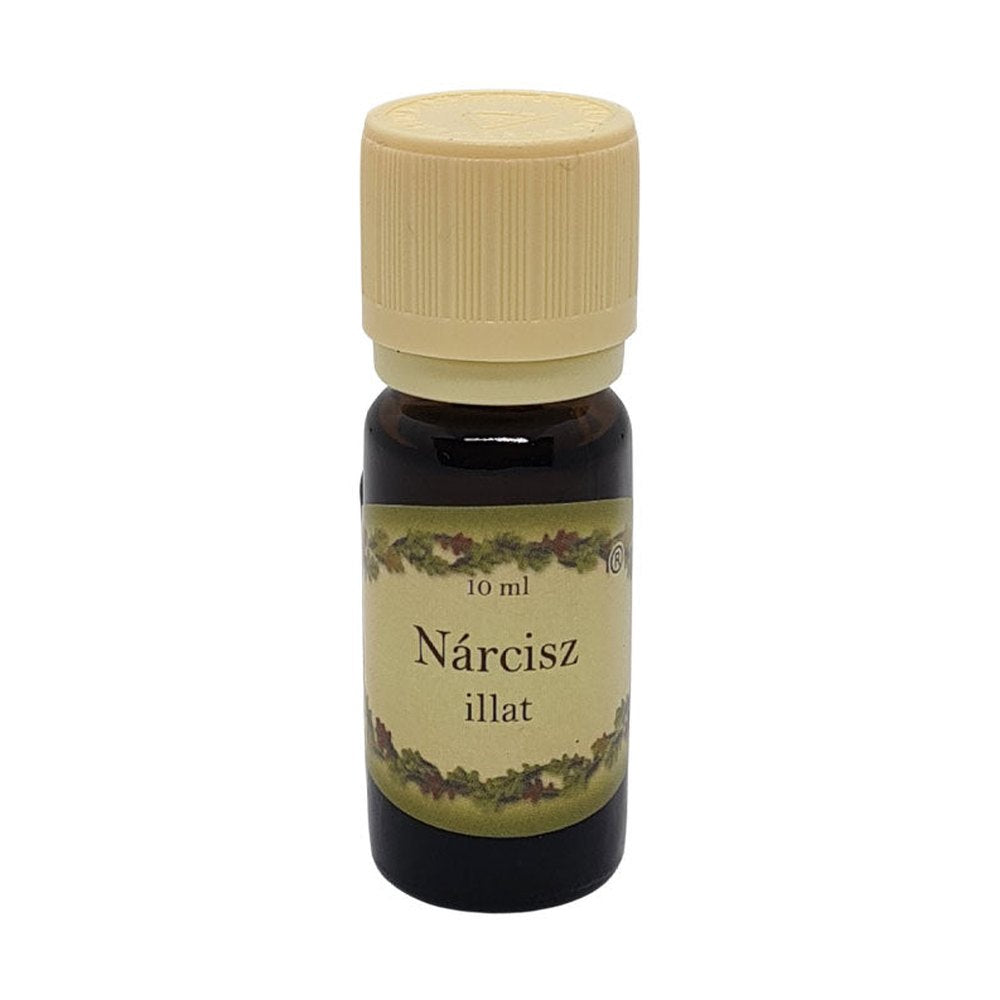 Nárcisz illatú illóolaj 10 ml-es barna üvegcsében, bézs kupakkal – elegáns tavaszi virágillat párologtatáshoz.