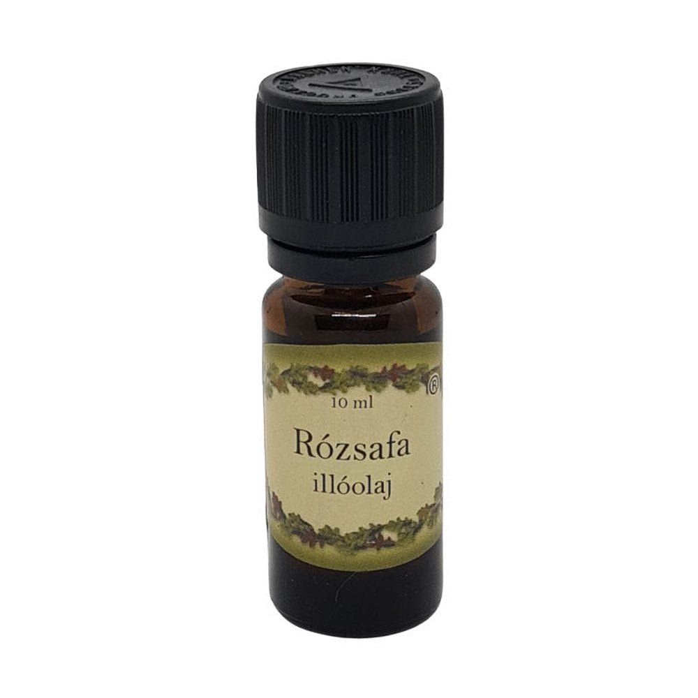 Rózsafa illóolaj 10 ml-es barna üvegcsében, fekete kupakkal, enyhén fás és virágos illattal, párologtatásra.