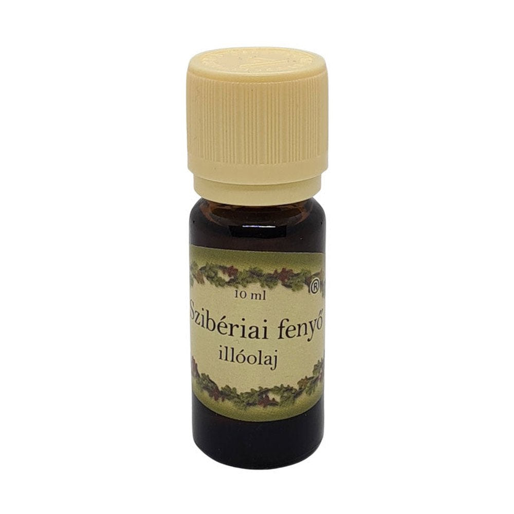 Szibériai fenyő illóolaj 10 ml‑es barna üvegben, krémszínű kupakkal, friss, fás, erdei aromával, párologtatáshoz.