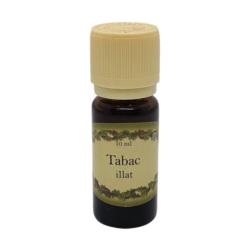 Tabac illatú illóolaj 10 ml barna üvegcsében, bézs kupakkal – fás, fűszeres, férfias aromaterápiás olaj.