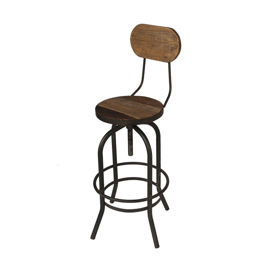 Ipari stílusú, újrahasznosított fenyőfából és vasból készült, állítható ülésmagasságú háttámlás bárszék.