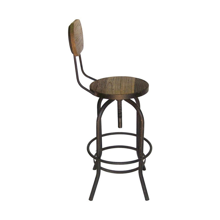 Ipari stílusú, újrahasznosított fenyőfából és vasból készült, állítható ülésmagasságú háttámlás bárszék.