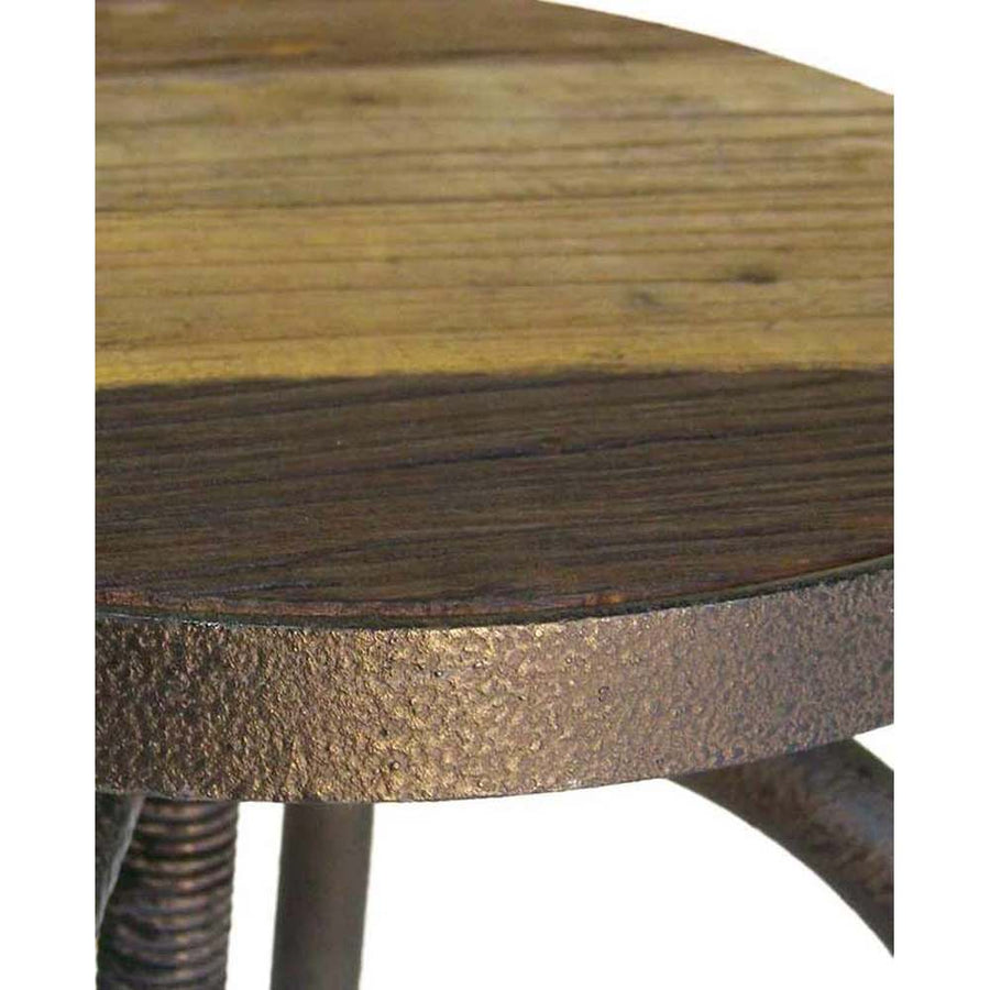 Ipari stílusú, újrahasznosított fenyőfából és vasból készült, állítható ülésmagasságú háttámlás bárszék.