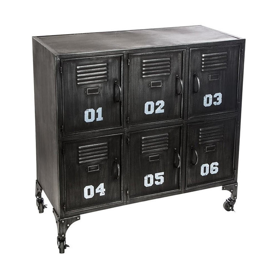 Antik szürke színű, ipari stílusú számozott fém komód.