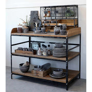 Ipari stílusú 4 fiókos és 3 tárolókosaras fali polc, ipari tálaló asztalon. 