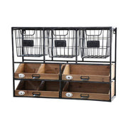 Ipari stílusú, kerámia betűvel díszített fenyőfából készült 4 fiókos fém  fali polc