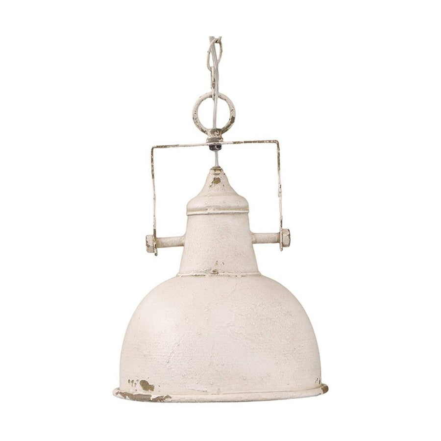 Ipari stílusú, antikolt krém színű, patinás felületű fém függeszték lámpa.
