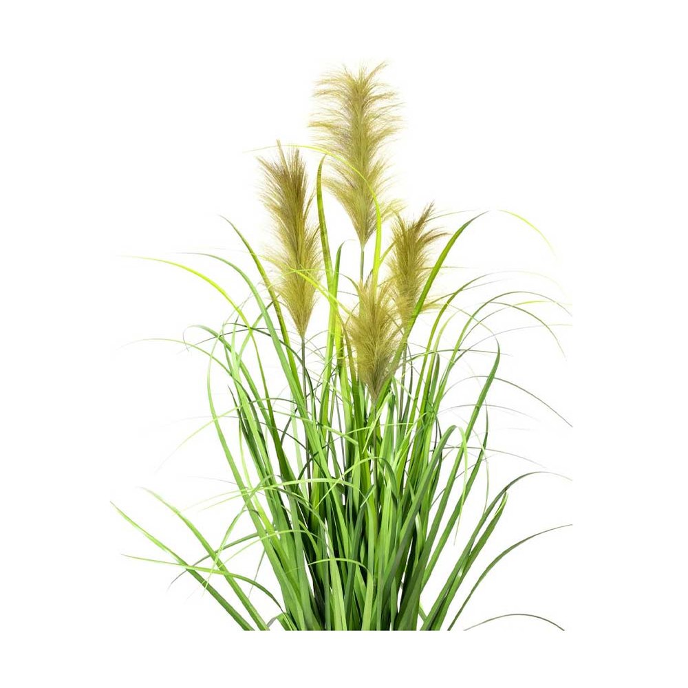 Zöld színű, natúr bugákkal rendelkező, 120 cm magas, mű japán díszfű bokor, fekete műanyag kaspóban.