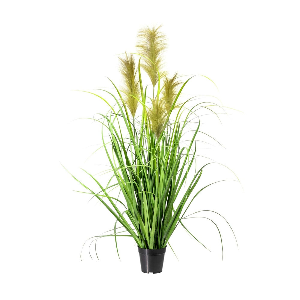 Zöld színű, natúr bugákkal rendelkező, 120 cm magas, mű japán díszfű bokor, fekete műanyag kaspóban..