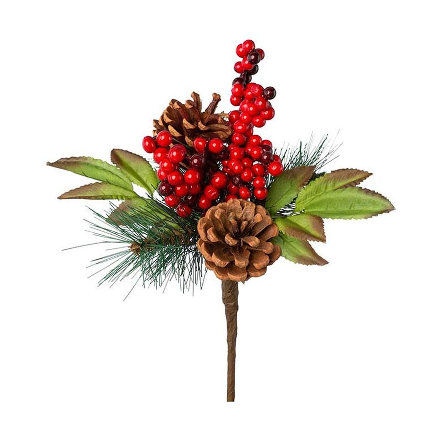 Fenyőtobozokkal, hervadó levelekkel tarkított, piros bogyós karácsonyi dekor fenyő pick.