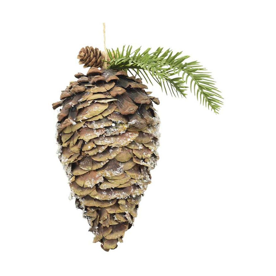 Fenyőággal és apró tobozokkal díszített, havas felületű, függeszthető karácsonyi toboz dísz-