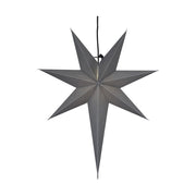Modern, skandináv stílusú, 65 cm magas, szürkeszínű papírból készült, csillag formájú karácsonyi dekor függeszték lámpa.