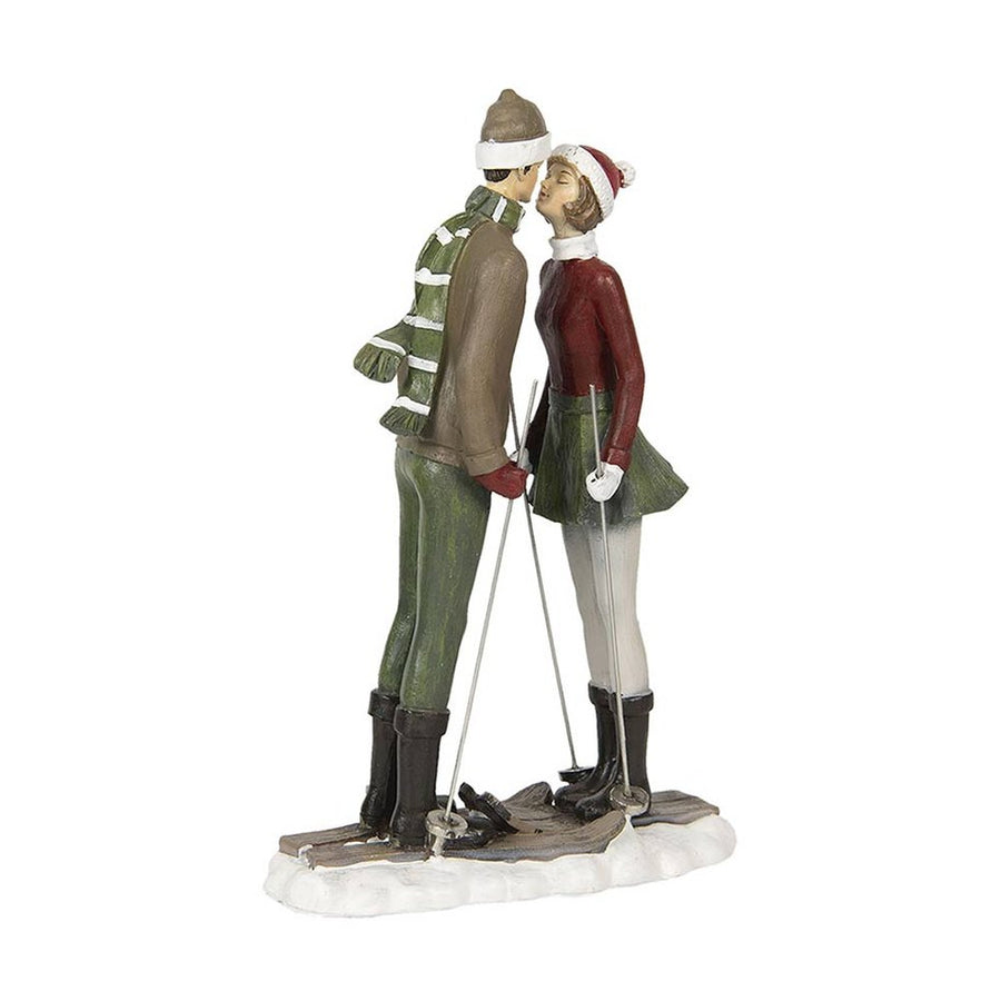 Békebeli hangulatú, 27 cm magas, síelő karácsonyi szerelmespár .