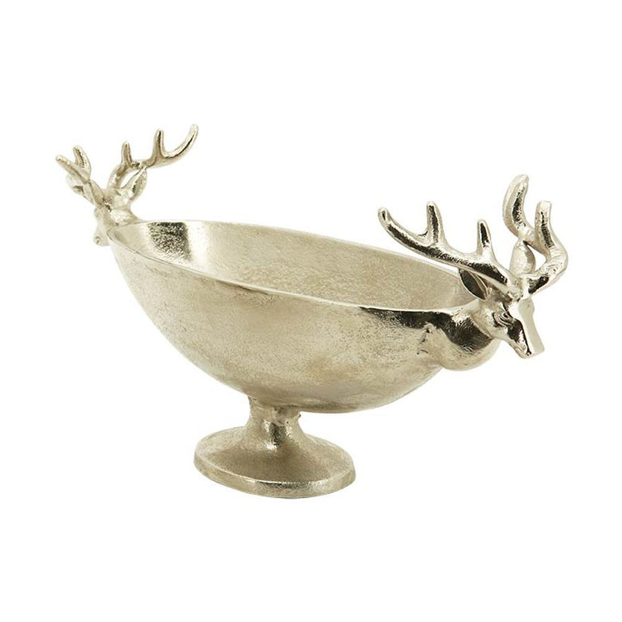 Prémium minőségű, 54 cm hosszú, ovális formájú, szarvasfejekkel díszített, ezüst színű karácsonyi talpas fémtál