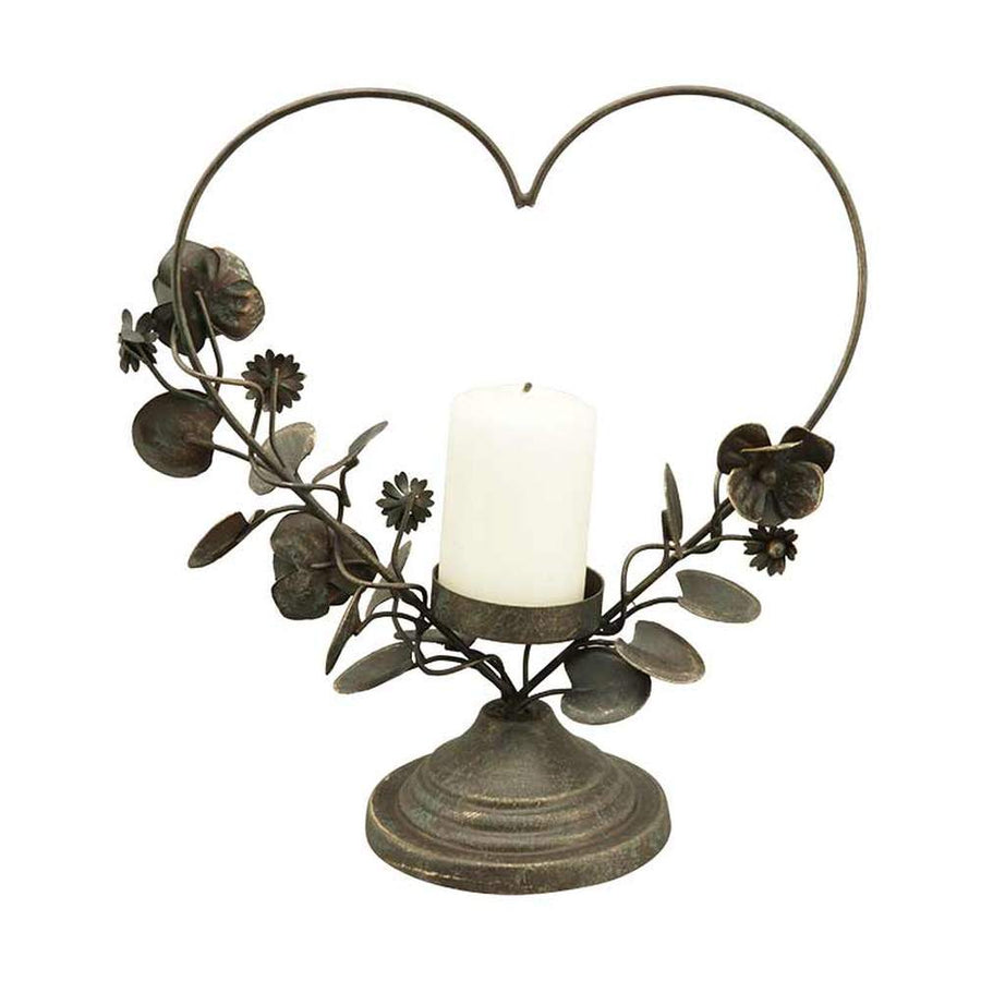 Vintage stílusú, antikolt felületű, fém virágokkal és levelekkel díszített antik arany színű szív formájú karácsonyi gyertyatartó