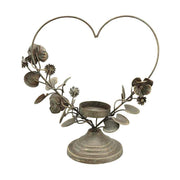 Vintage stílusú, antikolt felületű, fém virágokkal és levelekkel díszített antik arany színű szív formájú karácsonyi gyertyatartó