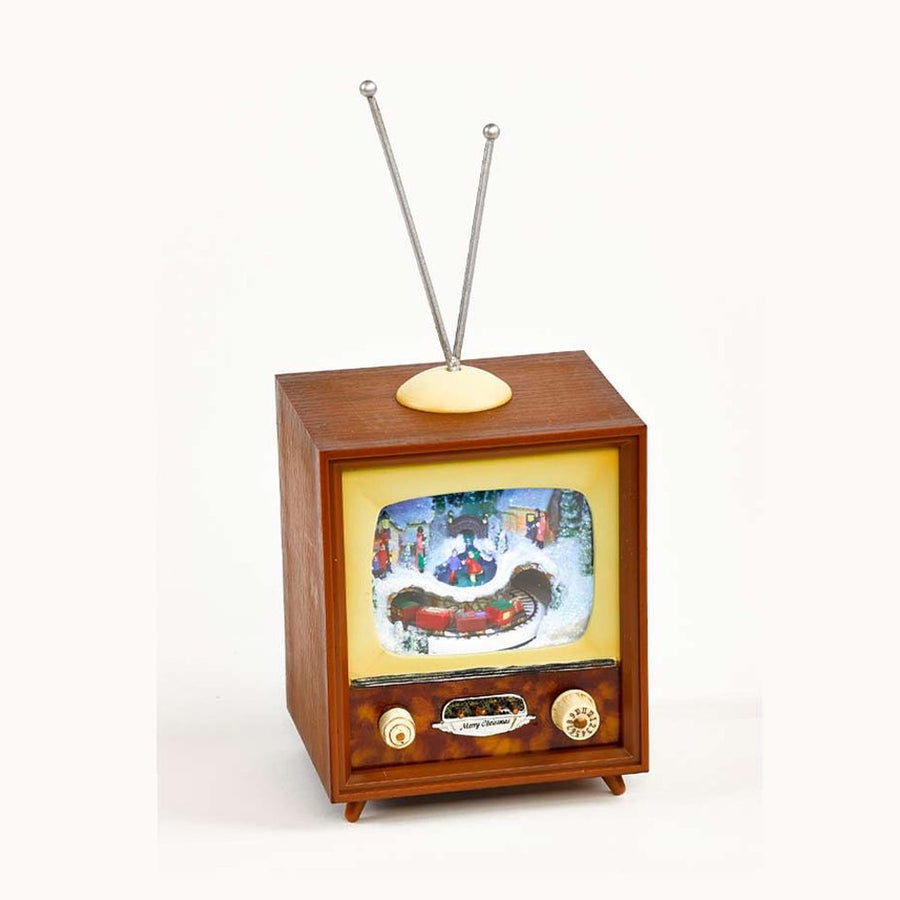 Prémium kategóriás, LED világítással felszerelt, viktoriánus kort idéző, békebeli, kisméretű zenélő TV, működő kisvasúttal