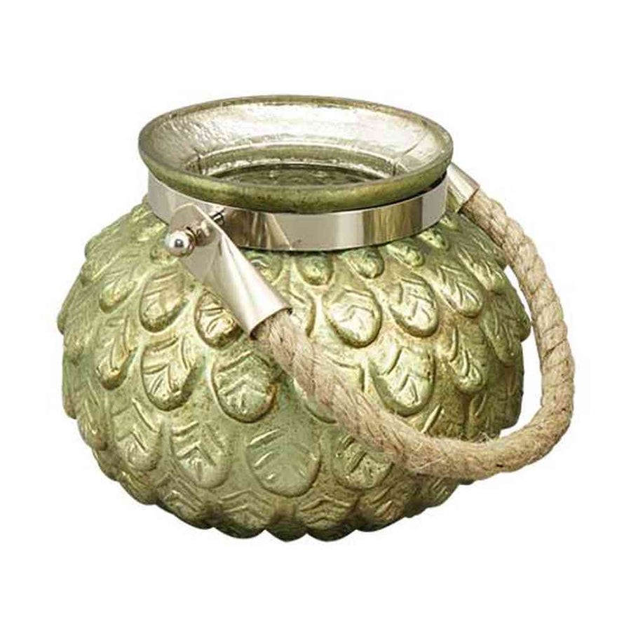 Zöldes antikolt arany színű, dombormintás felületű, 14 cm átmérőjű kézműves karácsonyi üveg mécsestartó