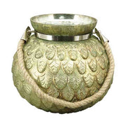 Zöldes antikolt arany színű, dombormintás felületű, 14 cm átmérőjű kézműves karácsonyi üveg mécsestartó