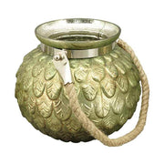 Zöldes antikolt arany színű, dombormintás felületű, nagyméretű, 20 cm átmérőjű kézműves karácsonyi üveg mécsestartó