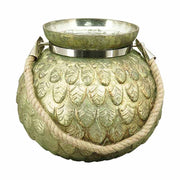 Zöldes antikolt arany színű, dombormintás felületű, nagyméretű, 20 cm átmérőjű kézműves karácsonyi üveg mécsestartó