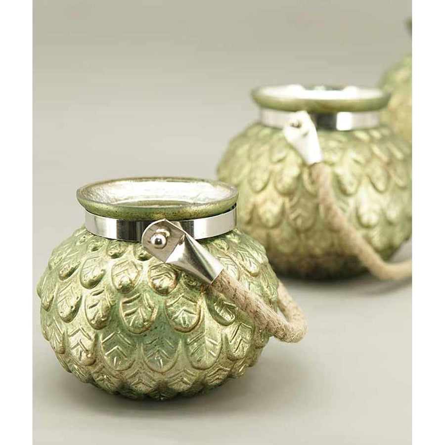 Zöldes antikolt arany színű, dombormintás felületű, óriás méretű, 28 cm átmérőjű kézműves karácsonyi üveg mécsestartó