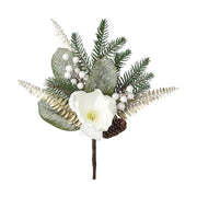 Fehér színű magnóliavirággal, pezsgőszínű páfrány levelekkel díszített, deres hatású fenyőág műnővény.