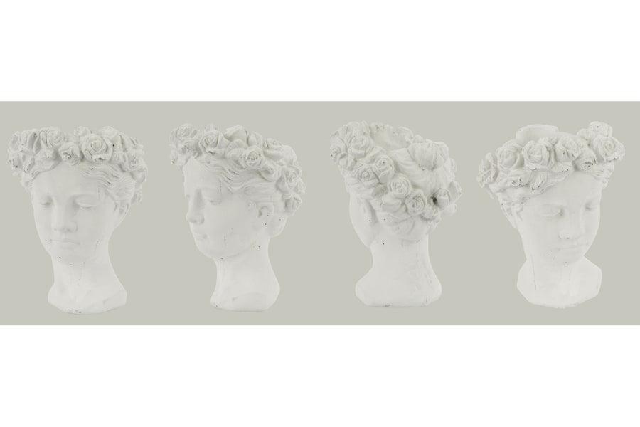 Antikolt felületű, krém színű kaspó büszt.